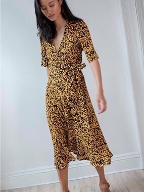 Ganni Black and Yellow Floral Wrap Midi Dress